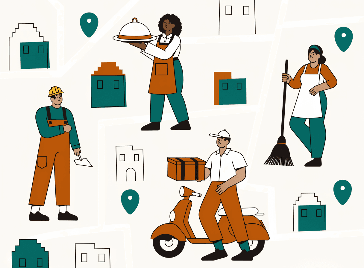 Illustration : un maçon, un cuisinier, un livreur et un agent d’entretien sur une carte parsemée de repères.