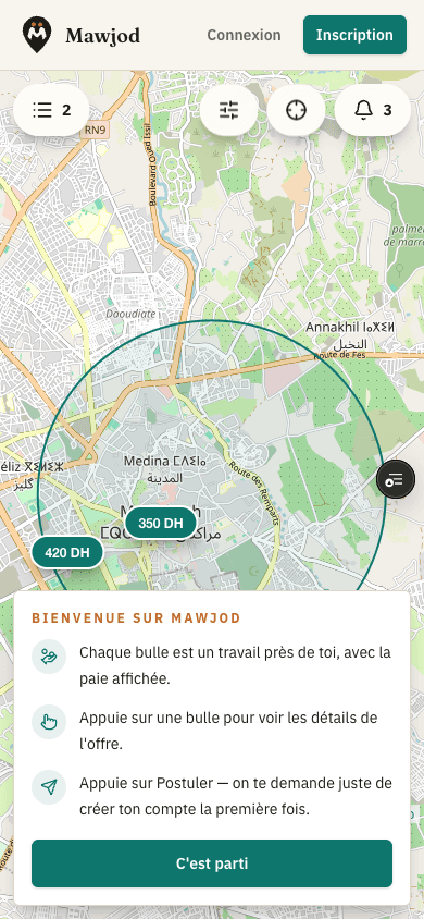 L’application Mawjod : la carte des offres de travail autour de toi, avec la paie affichée.